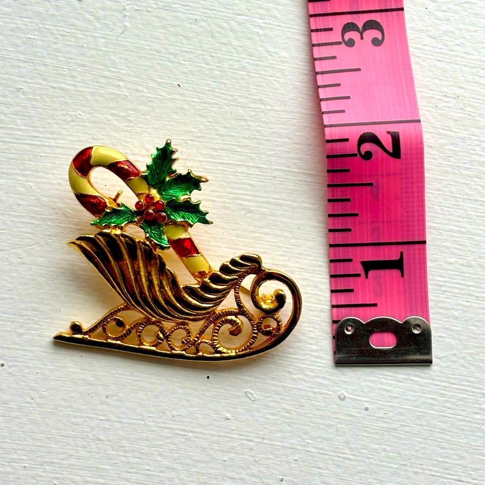 Christmas Sleigh Candy Cane Vintage Brooch - Picture 4 of 4